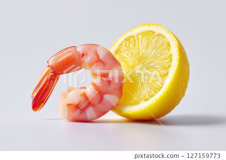 Fresh shrimp curled next to bright lemon slice on minimalistic background. Clean and simple presentation enhances visual appeal. Concept of seafood, cooking, gastronomy 127159773