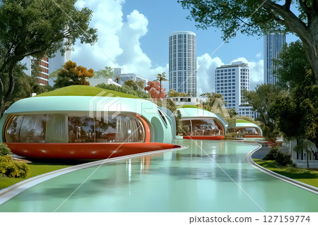 Futuristic buildings with green roofs sit along a smooth winding path in a lively urban landscape. Sunlit day setting showcases innovative architecture and greenery 127159774
