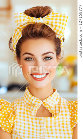 Woman smiling at camera, wearing cheerful yellow polka dot outfit and matching headband. Bright kitchen background with warm lighting creates cozy atmosphere Woman smiling at camera, wearing cheerful yellow polka dot outfit and matching headband. Bright kitchen background with warm lighting creates cozy atmosphere 127159777