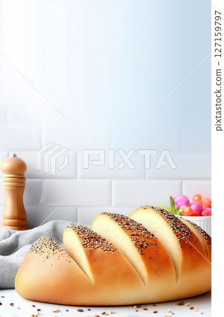 Freshly baked multigrain bread rests on clean white surface displaying crusty texture with seeds. Simple kitchen setting highlights artisanal quality. Concept of bakery, health food, culinary arts Freshly baked multigrain bread rests on clean white surface displaying crusty texture with seeds. Simple kitchen setting highlights artisanal quality. Concept of bakery, health food, culinary arts 127159797