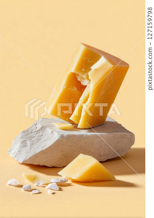 Romano cheese chunk rests on textured stone surface with broken edge. Minimalist composition emphasizes texture and color. Concept of gourmet cheese, culinary art, gourmet shops 127159798