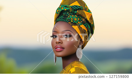 Woman wearing colorful head wrap poses gracefully with a serene expression. The beautiful outdoor setting features lush green landscape and soft evening light Woman wearing colorful head wrap poses gracefully with a serene expression. The beautiful outdoor setting features lush green landscape and soft evening light 127159800