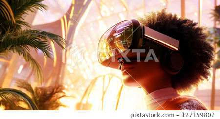 Person immersed in virtual reality wearing headset in a bright and tech-forward space. Futuristic architecture enhances experience. Concept of technology, innovation, entertainment 127159802