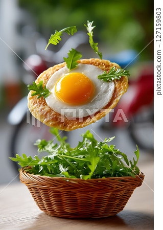 Flipping jianbing street crepe with glistening egg yolk and swirling coriander leaves. Colorful dawn backdrop with blurred bicycles enhances lively street atmosphere Flipping jianbing street crepe with glistening egg yolk and swirling coriander leaves. Colorful dawn backdrop with blurred bicycles enhances lively street atmosphere 127159803