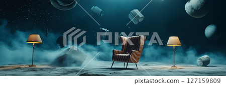 Floating chair and lamps amidst smoky environment with abstract shapes. Surreal atmosphere creates a dreamlike setting. Concept of interior design, creativity, and imagination Floating chair and lamps amidst smoky environment with abstract shapes. Surreal atmosphere creates a dreamlike setting. Concept of interior design, creativity, and imagination 127159809