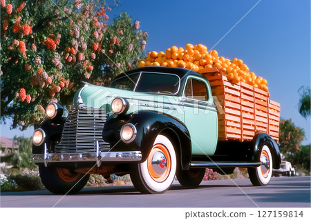 Vintage truck loaded with bright oranges driving along sunny road. Citrus trees in backdrop create vibrant farming atmosphere. Concept of agriculture, local produce, fruit delivery Vintage truck loaded with bright oranges driving along sunny road. Citrus trees in backdrop create vibrant farming atmosphere. Concept of agriculture, local produce, fruit delivery 127159814
