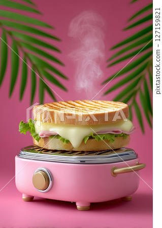 Cuban medianoche sandwich sizzling on pink press with cheese ribbons escaping. Bright tropical setting with palm leaves in background. Concept of food service, cafes, restaurants Cuban medianoche sandwich sizzling on pink press with cheese ribbons escaping. Bright tropical setting with palm leaves in background. Concept of food service, cafes, restaurants 127159821