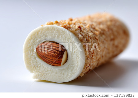 Close-up view of almond-filled sweet treat with a crunchy, golden layer. Bright and inviting presentation suggests dessert indulgence. Concept of confectionery, snack food, food styling 127159822