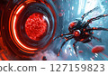 Futuristic robotic spider explores vivid sci-fi environment with glowing red spheres. High-tech setting with molecular structures and dynamic visuals. Concept of technology, innovation, science 127159823