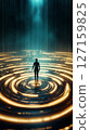 Person standing in center of glowing circular patterns with cascading light creating an ethereal effect. Surreal atmosphere evokes feelings of introspection and discovery 127159825