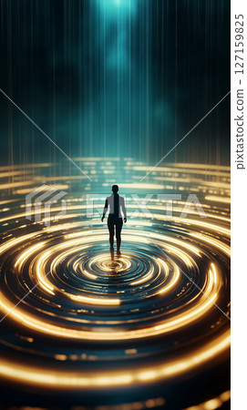 Person standing in center of glowing circular patterns with cascading light creating an ethereal effect. Surreal atmosphere evokes feelings of introspection and discovery Person standing in center of glowing circular patterns with cascading light creating an ethereal effect. Surreal atmosphere evokes feelings of introspection and discovery 127159825