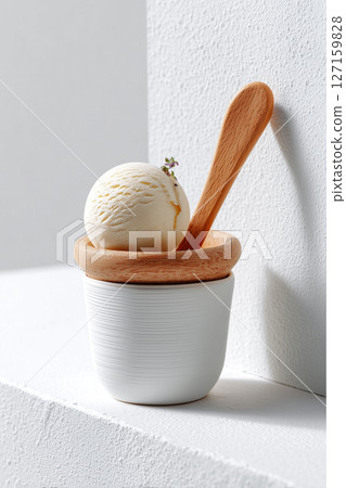Creamy ice cream placed in a stylish white bowl with a wooden spoon. Minimalist setting with textured white surfaces creates modern aesthetic Creamy ice cream placed in a stylish white bowl with a wooden spoon. Minimalist setting with textured white surfaces creates modern aesthetic 127159828