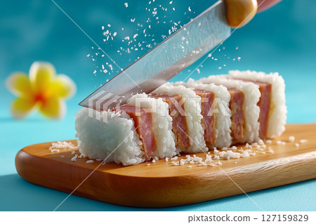 Hand slices Hawaiian spam musubi sushi roll on wooden board showcasing sticky rice and color contrast. Tropical surfboards enhance the beach vibe Hand slices Hawaiian spam musubi sushi roll on wooden board showcasing sticky rice and color contrast. Tropical surfboards enhance the beach vibe 127159829