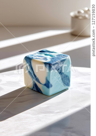Marbled blue and white cheese cube placed centrally on clean white background. Soft natural light creates gentle shadows in modern minimalist setting Marbled blue and white cheese cube placed centrally on clean white background. Soft natural light creates gentle shadows in modern minimalist setting 127159830