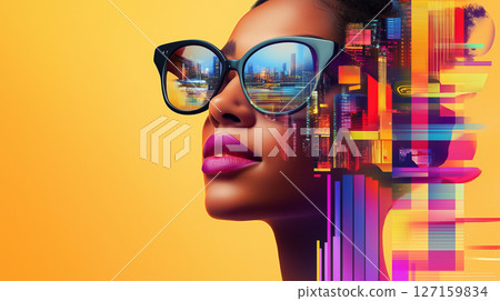 Woman looking confidently to the side while wearing trendy sunglasses reflecting a colorful city skyline. Bright yellow background creates a bold artistic vibe Woman looking confidently to the side while wearing trendy sunglasses reflecting a colorful city skyline. Bright yellow background creates a bold artistic vibe 127159834