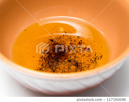 Used vegetable oil in a plate. Used vegetable oil in a plate. 127160096