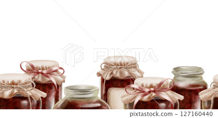 Cherry jam in glass jars in a seamless border with fabric vintage lids, label with ribbons and twine in a bow. Hand-drawn watercolor illustration on a transparent background 127160440