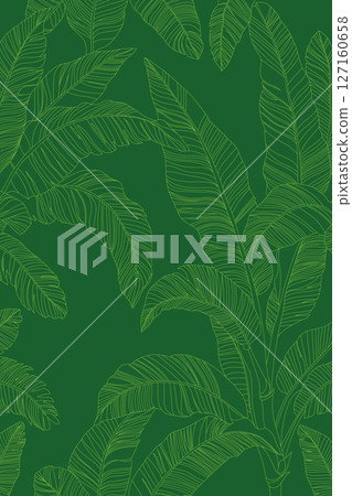 Seamless pattern of vibrant green banana leaves, drawn in a clean line art style against a solid darker green background. This tropical foliage design offers a fresh, organic, and modern. Seamless pattern of vibrant green banana leaves, drawn in a clean line art style against a solid darker green background. This tropical foliage design offers a fresh, organic, and modern. 127160658