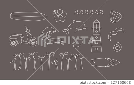 Line tropical lifestyle simple boho icons. Cute outline vector elements about ocean, beach, resort, surf camp, vacation. Line tropical lifestyle simple boho icons. Cute outline vector elements about ocean, beach, resort, surf camp, vacation. 127160668
