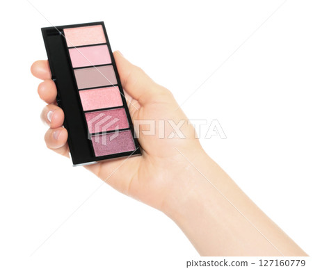 Woman hand holds cosmetic palette, isolated on transparent background, cosmetics and visage concept 127160779