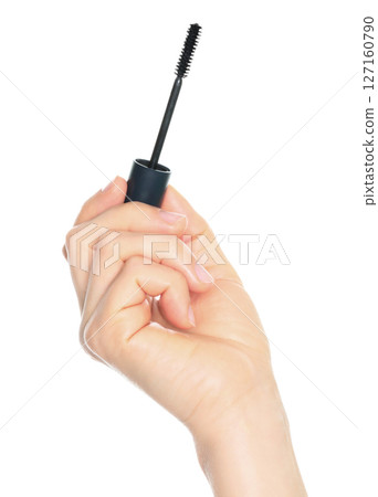Woman hand holds cosmetic mascara brush, isolated on transparent background, cosmetics and visage concept 127160790