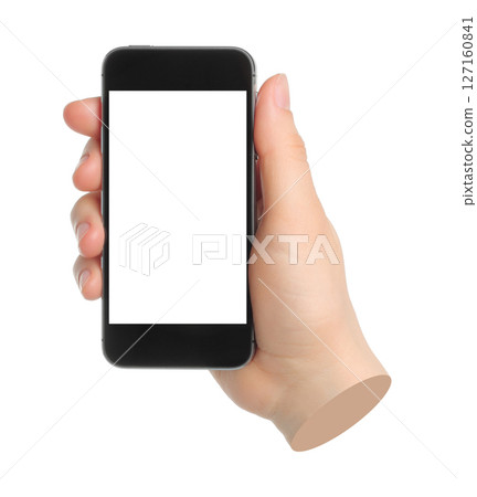 Hand holding smart phone isolated on transparent background. Contemporary art 127160841