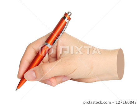 Hands with orange pen isolated on transparent background. Contemporary art 127160842