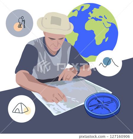 Vector isolated illustration of a man looking for a way on a tourist map. Local orientation. Tourist guide. 127160906