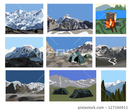Vector isolated illustration set of mountain landscapes. Vector isolated illustration set of mountain landscapes. 127160911