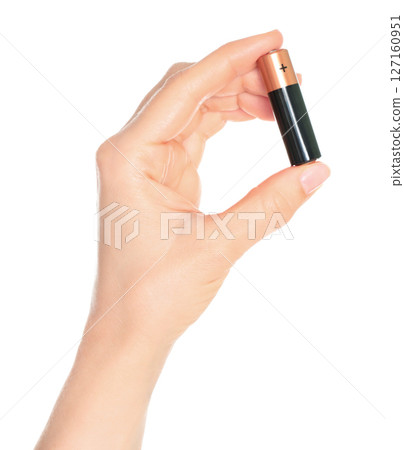 Woman Hand holds a Battery, isolated on transparent background close-up, template for energy saving ads Woman Hand holds a Battery, isolated on transparent background close-up, template for energy saving ads 127160951