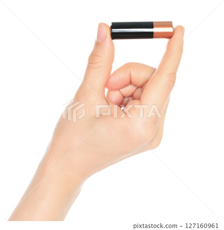 Woman Hand holds a Battery, isolated on transparent background close-up, template for energy saving ads Woman Hand holds a Battery, isolated on transparent background close-up, template for energy saving ads 127160961