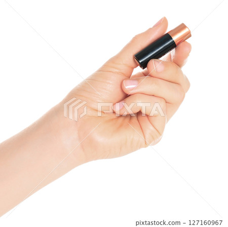 Woman Hand holds a Battery, isolated on transparent background close-up, template for energy saving ads Woman Hand holds a Battery, isolated on transparent background close-up, template for energy saving ads 127160967