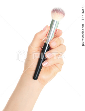 Woman hand holds black cosmetics brush, isolated on transparent background, cosmetics and visage concept Woman hand holds black cosmetics brush, isolated on transparent background, cosmetics and visage concept 127160990