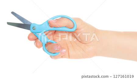 Woman hand holds Office Scissors, isolated on transparent background, stationery concept Woman hand holds Office Scissors, isolated on transparent background, stationery concept 127161019