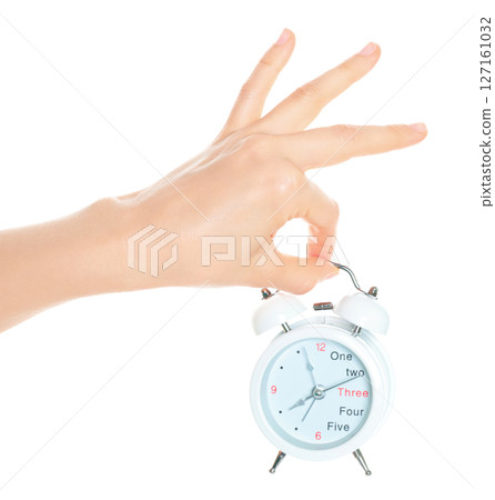Woman hand holds white Alarm Clock, isolated on transparent background, time and home things concept 127161032