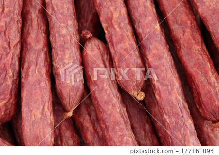 Background of Beef Bavarian Sausages close-up, food concept for backgrounds and backdrops 127161093