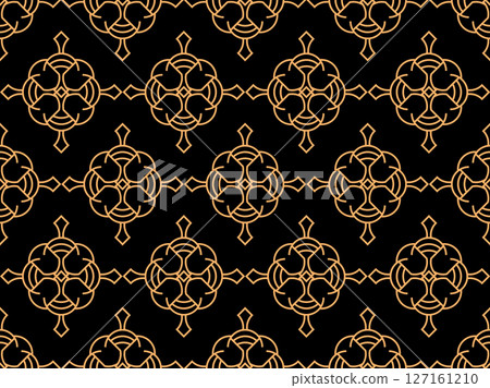 Geometric seamless pattern in line art style. Art deco geometric pattern of golden lines on a black background. Vintage linear style. Design for wallpapers, wrappers and banners. Vector illustration 127161210