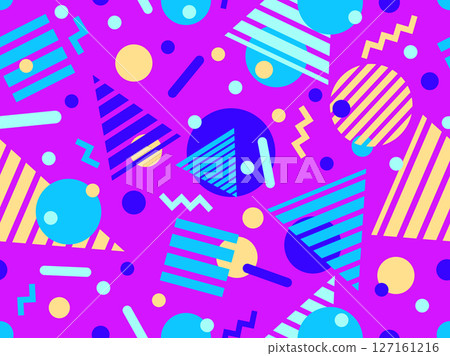 Geometric seamless pattern with memphis elements in 80s style. Colorful pattern with different geometric shapes. Design for packaging, covers, wrapping and promotional products. Vector illustration Geometric seamless pattern with memphis elements in 80s style. Colorful pattern with different geometric shapes. Design for packaging, covers, wrapping and promotional products. Vector illustration 127161216
