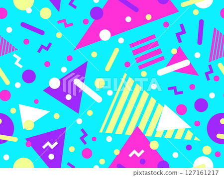 Geometric seamless pattern with memphis elements in 80s style. Colorful pattern with different geometric shapes. Design for packaging, covers, wrapping and promotional products. Vector illustration 127161217