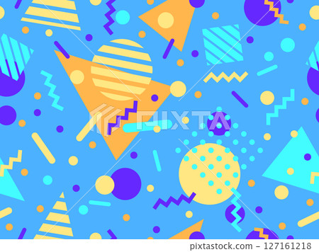 Geometric seamless pattern with memphis elements in 80s style. Colorful pattern with different geometric shapes. Design for packaging, covers, wrapping and promotional products. Vector illustration 127161218