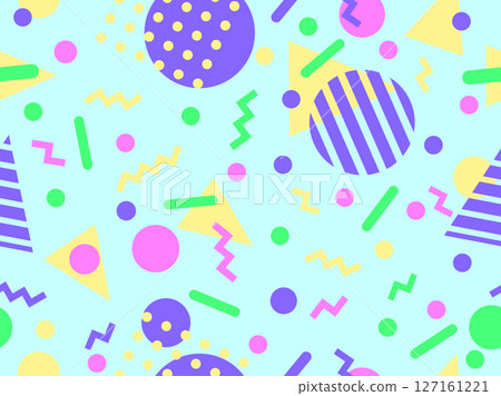 Geometric seamless pattern with memphis elements in 80s style. Colorful pattern with different geometric shapes. Design for packaging, covers, wrapping and promotional products. Vector illustration 127161221