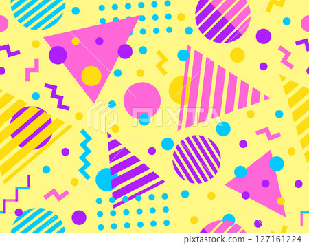 Geometric seamless pattern with memphis elements in 80s style. Colorful pattern with different geometric shapes. Design for packaging, covers, wrapping and promotional products. Vector illustration 127161224
