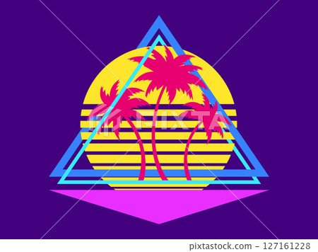 Retro futuristic sunset with palm trees and triangle in 80s style. Sci-fi palm trees at sunset in synthwave and retrowave style. Design for print, banners and posters. Vector illustration 127161228