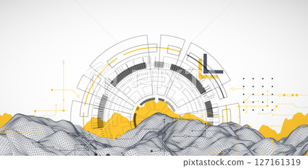 Abstract data background with wireframe wave and circuit lines. Technology concept. Vector 127161319