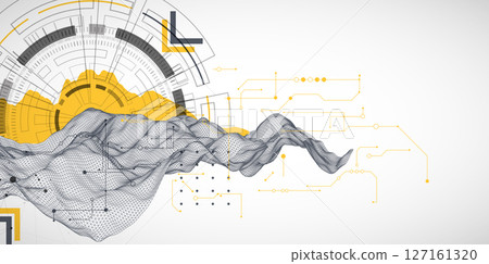 Abstract data background with wireframe wave and circuit lines. Technology concept. Vector Abstract data background with wireframe wave and circuit lines. Technology concept. Vector 127161320