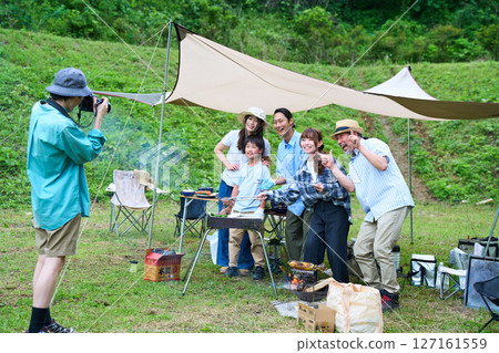 3 generations camping outdoor barbecue BBQ family colleagues friends 3 generations camping outdoor barbecue BBQ family colleagues friends 127161559