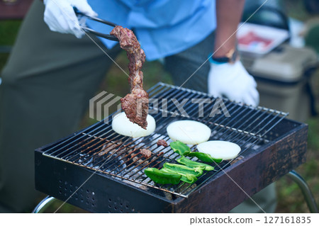 3 generations camping outdoor barbecue BBQ family colleagues friends 3 generations camping outdoor barbecue BBQ family colleagues friends 127161835