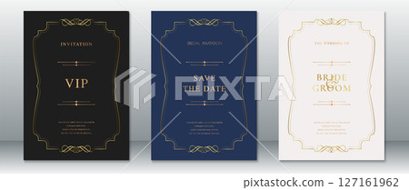 Luxury Wedding Invitation Set with Gold Border on Black, Navy, and Cream Backgrounds 127161962