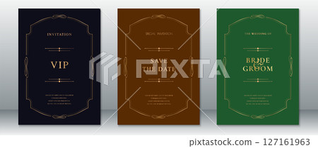 Elegant Wedding Invitation Set with Gold Frame on Navy, Brown, and Emerald Green Backgrounds 127161963