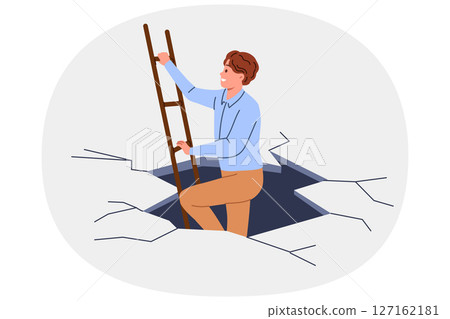 Business man escapes from difficult situation, showing courage and climbing stairs from abyss 127162181